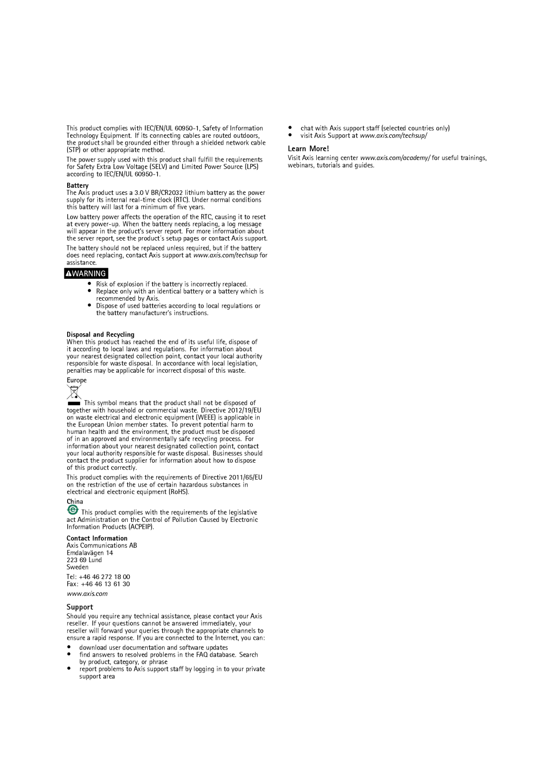 Axis Communications M3007-PV user manual Support, Learn More 