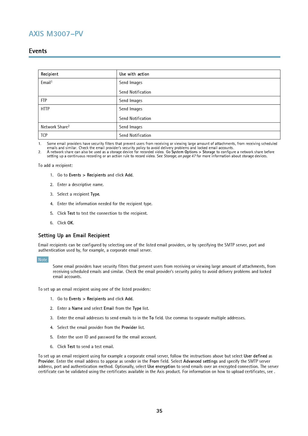 Axis Communications M3007-PV user manual Setting Up an Email Recipient, Recipient Use with action 