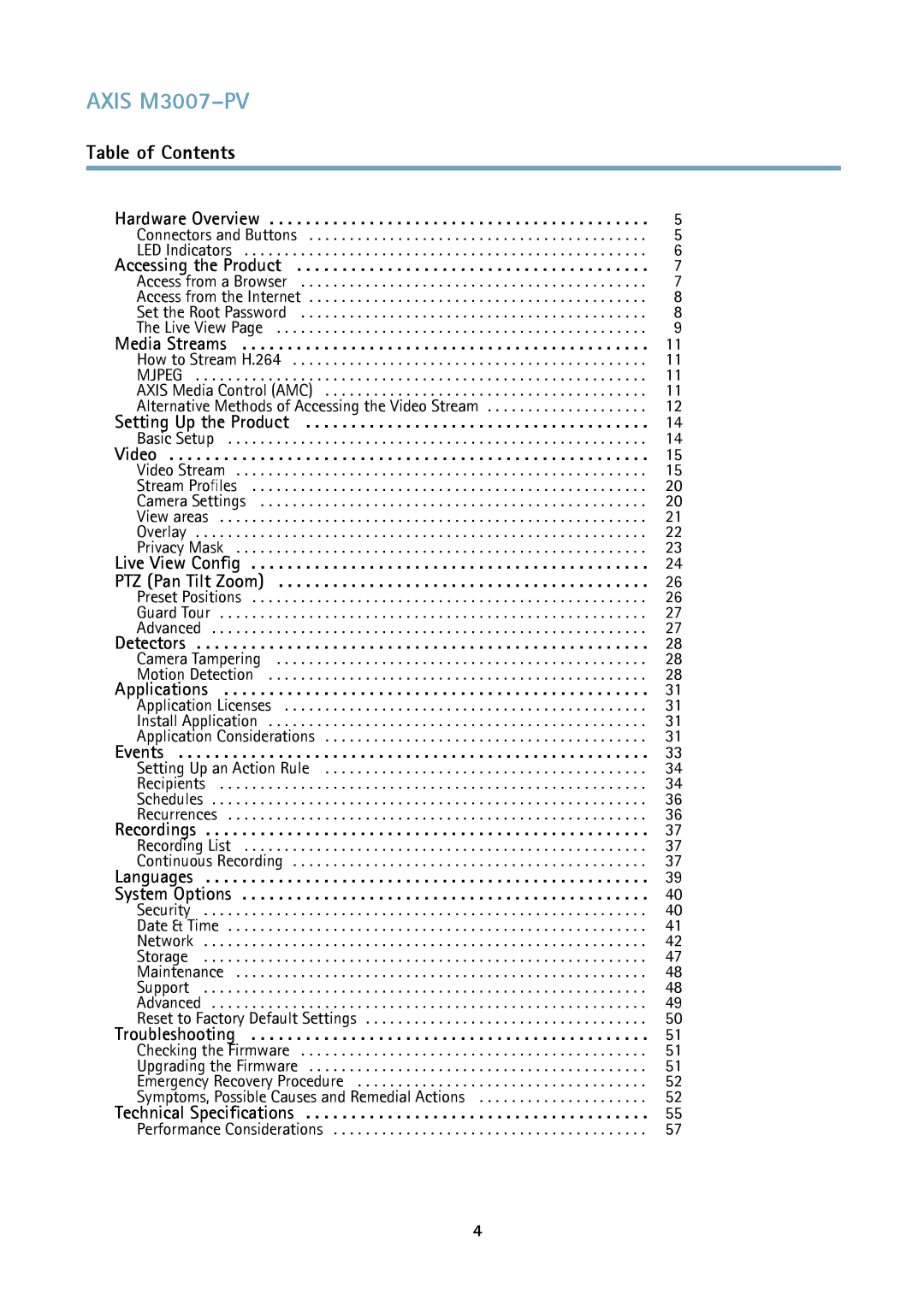 Axis Communications user manual Axis M3007-PV, Table of Contents 