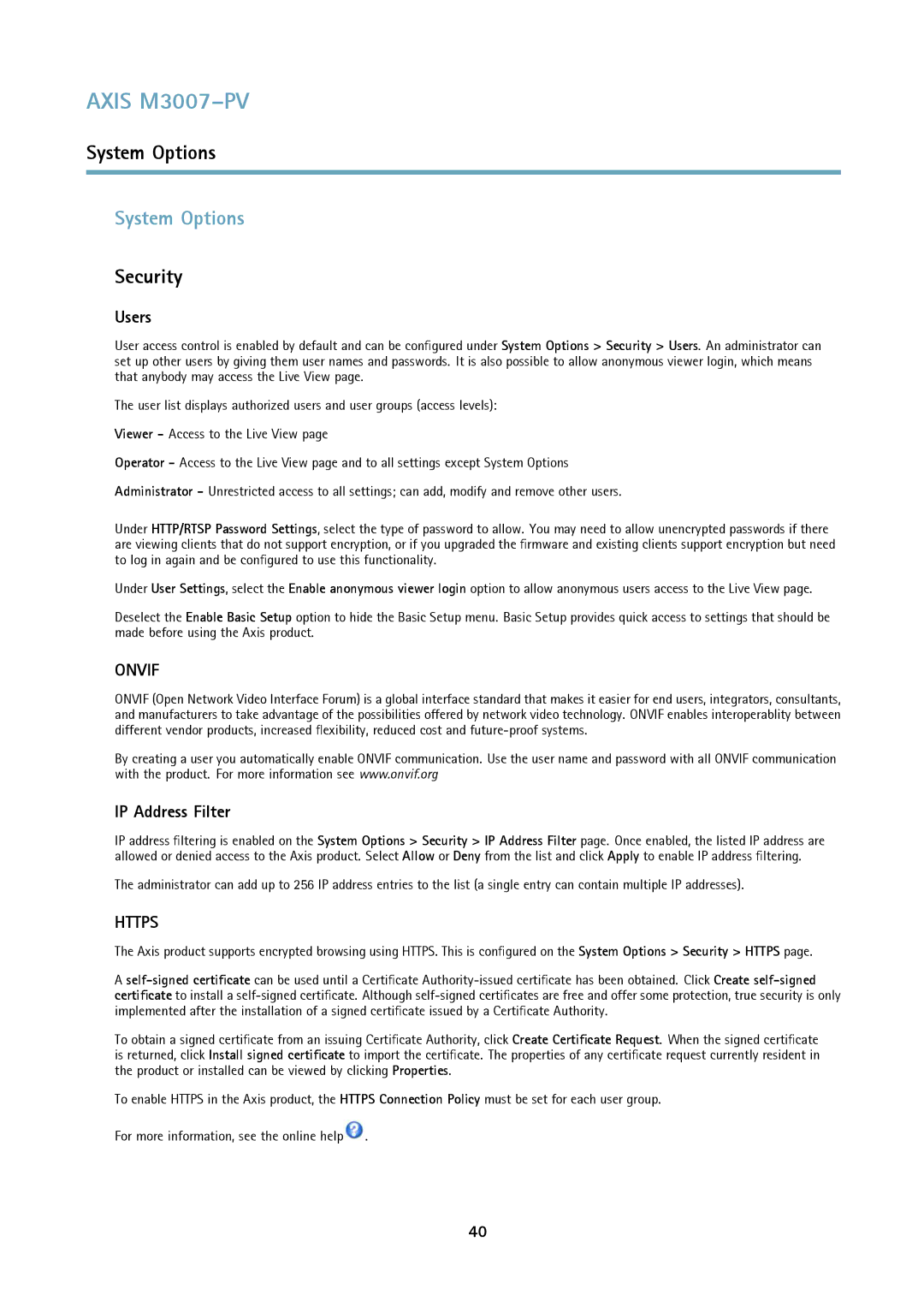 Axis Communications M3007-PV user manual System Options, Security, Users, IP Address Filter 