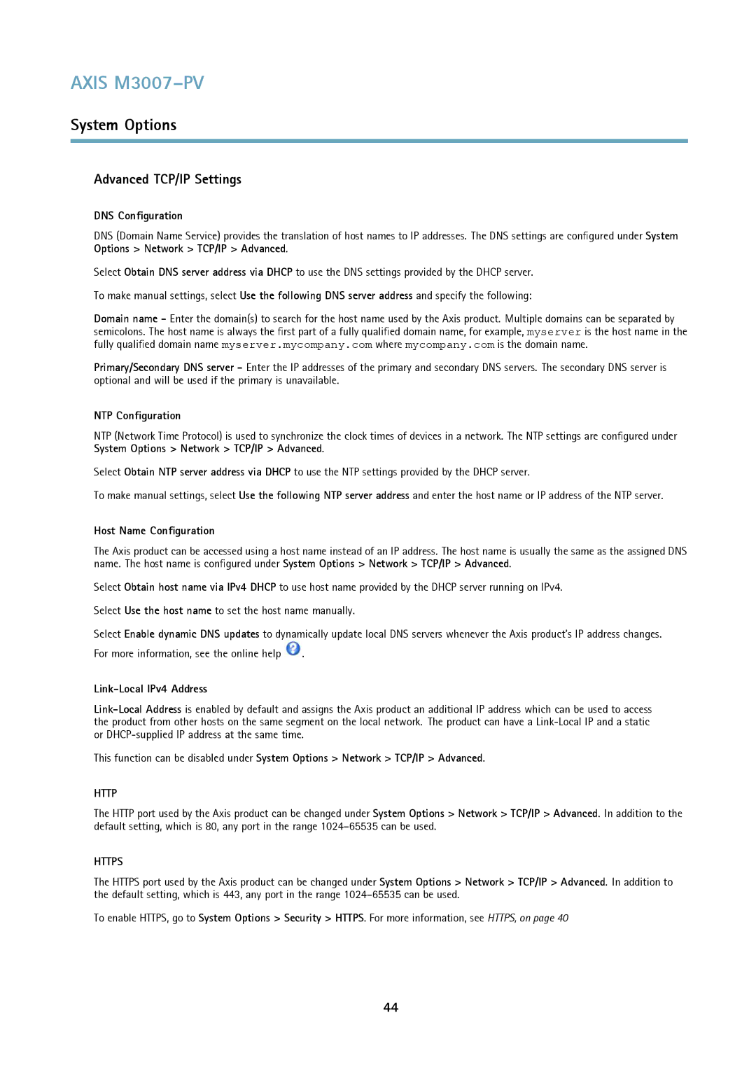 Axis Communications M3007-PV Advanced TCP/IP Settings, DNS Configuration, NTP Configuration, Host Name Configuration 