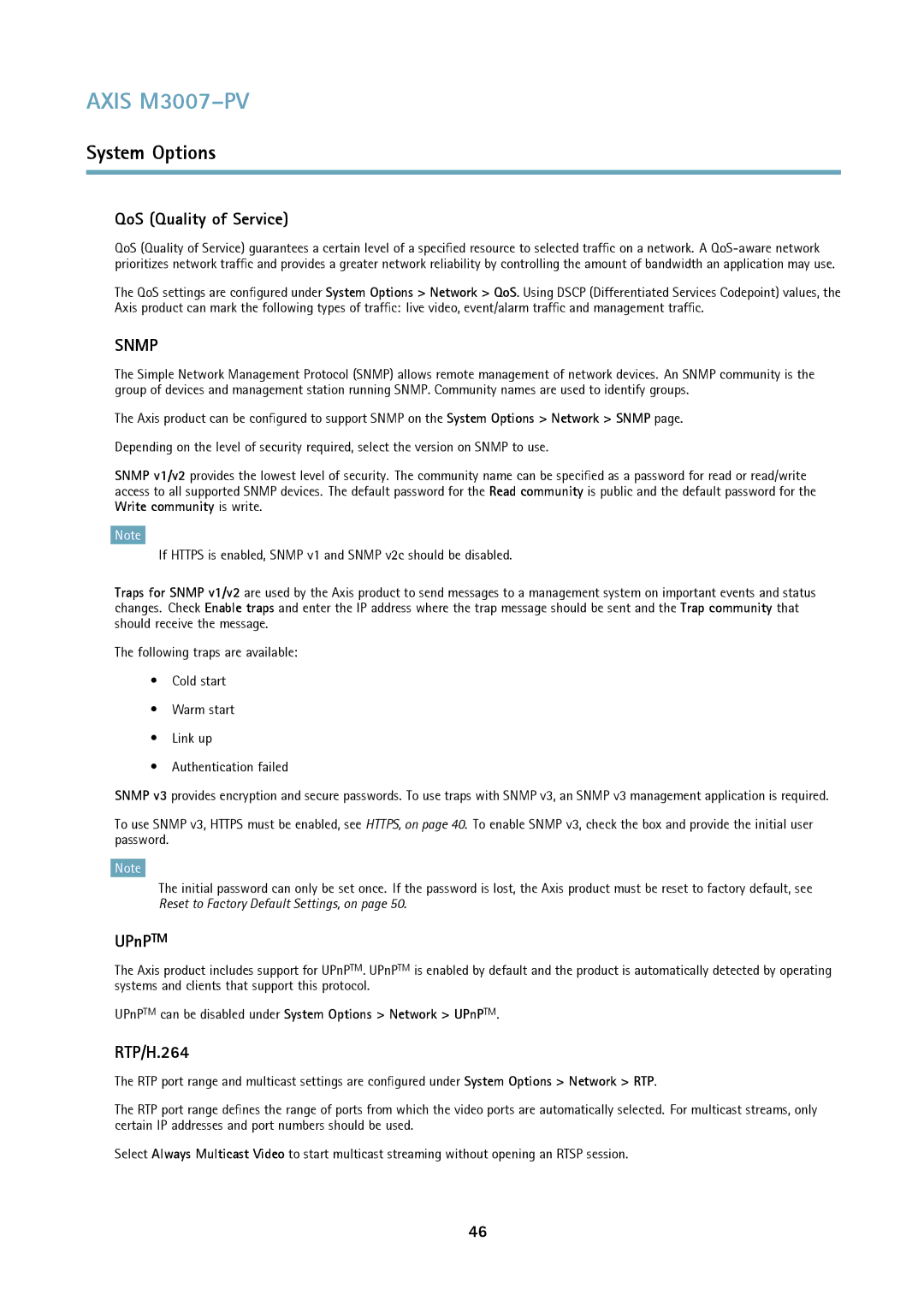 Axis Communications M3007-PV user manual QoS Quality of Service, UPnPTM, RTP/H.264 