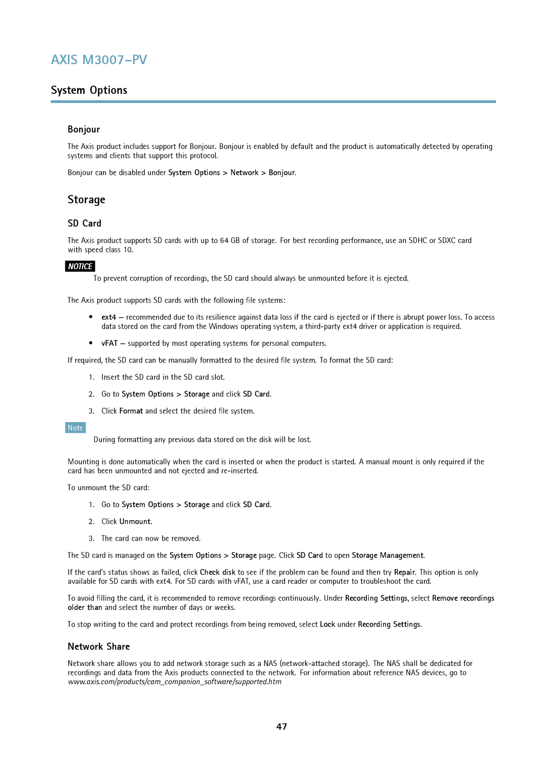 Axis Communications M3007-PV user manual Bonjour, Network Share, Go to System Options Storage and click SD Card 