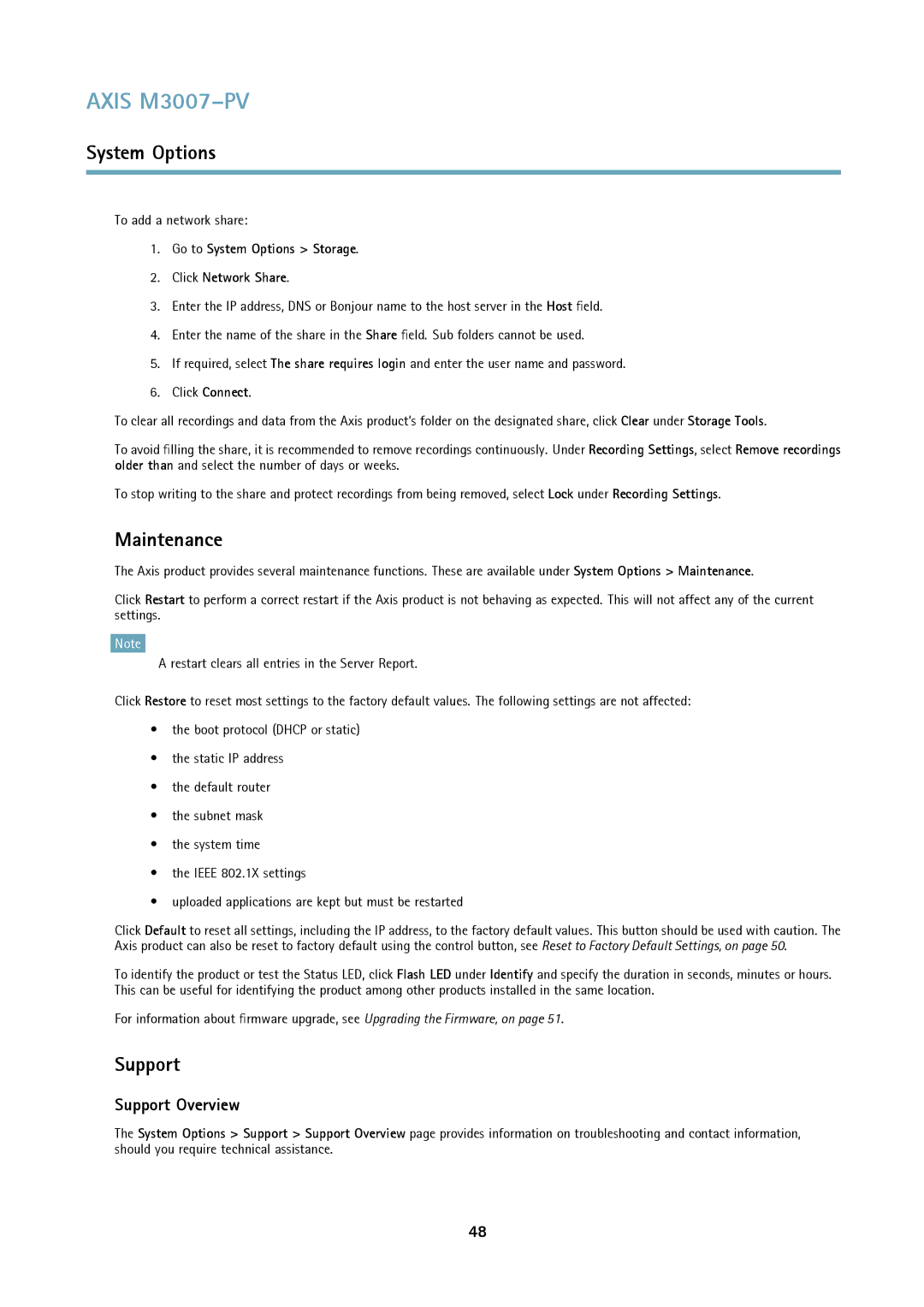 Axis Communications M3007-PV user manual Maintenance, Support Overview, To add a network share 