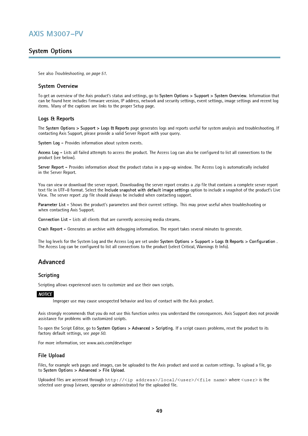 Axis Communications M3007-PV user manual System Overview, Logs & Reports, Scripting, File Upload 