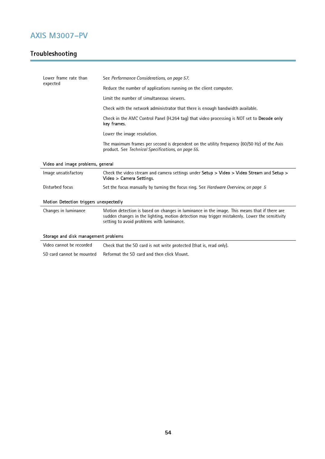 Axis Communications M3007-PV user manual Key frames, Video and image problems, general, Video Camera Settings 