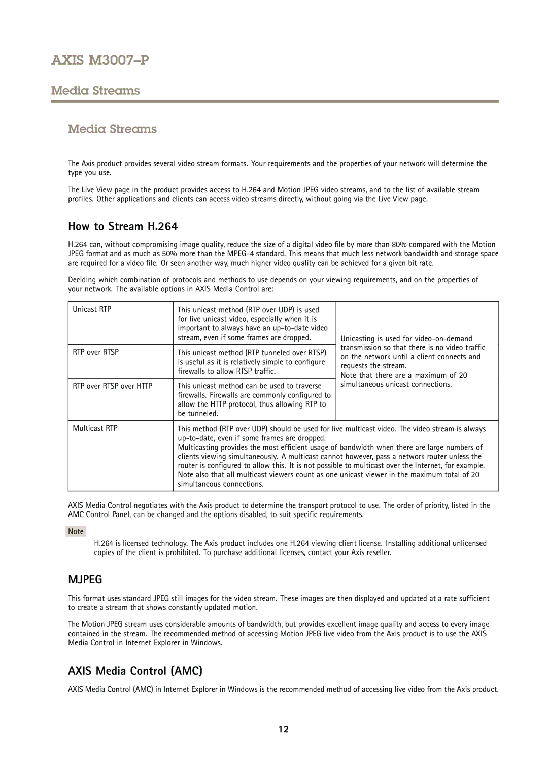 Axis Communications M3007P user manual Media Streams, How to Stream H.264, Axis Media Control AMC 