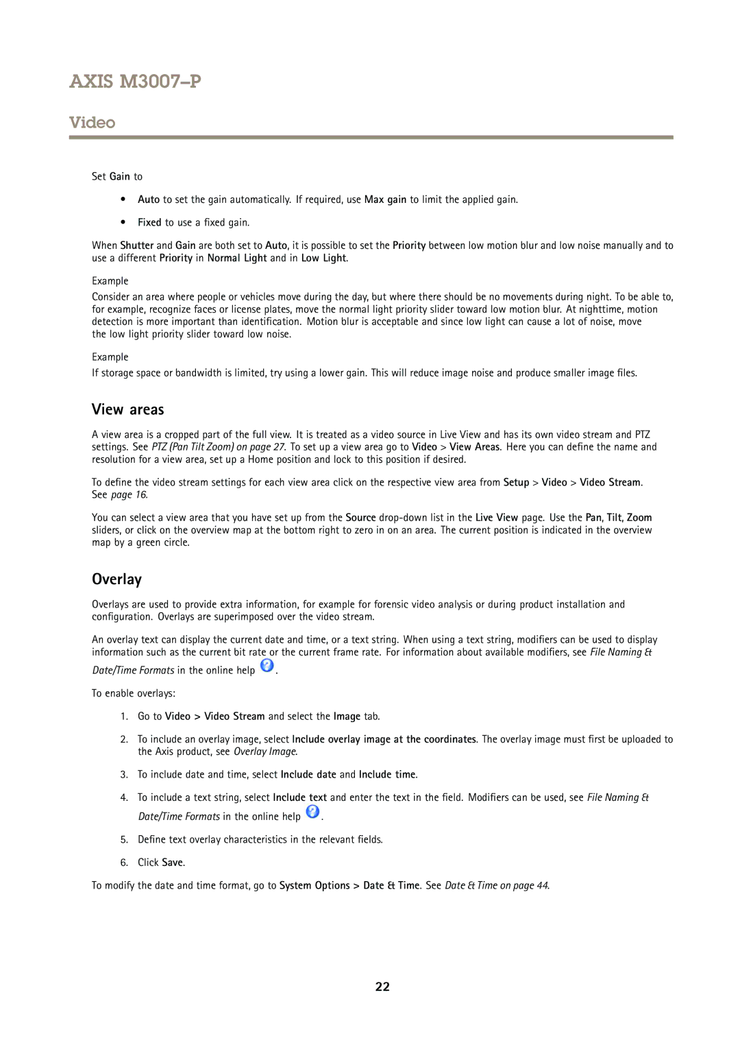 Axis Communications M3007P user manual View areas, Overlay, Date/Time Formats in the online help To enable overlays 