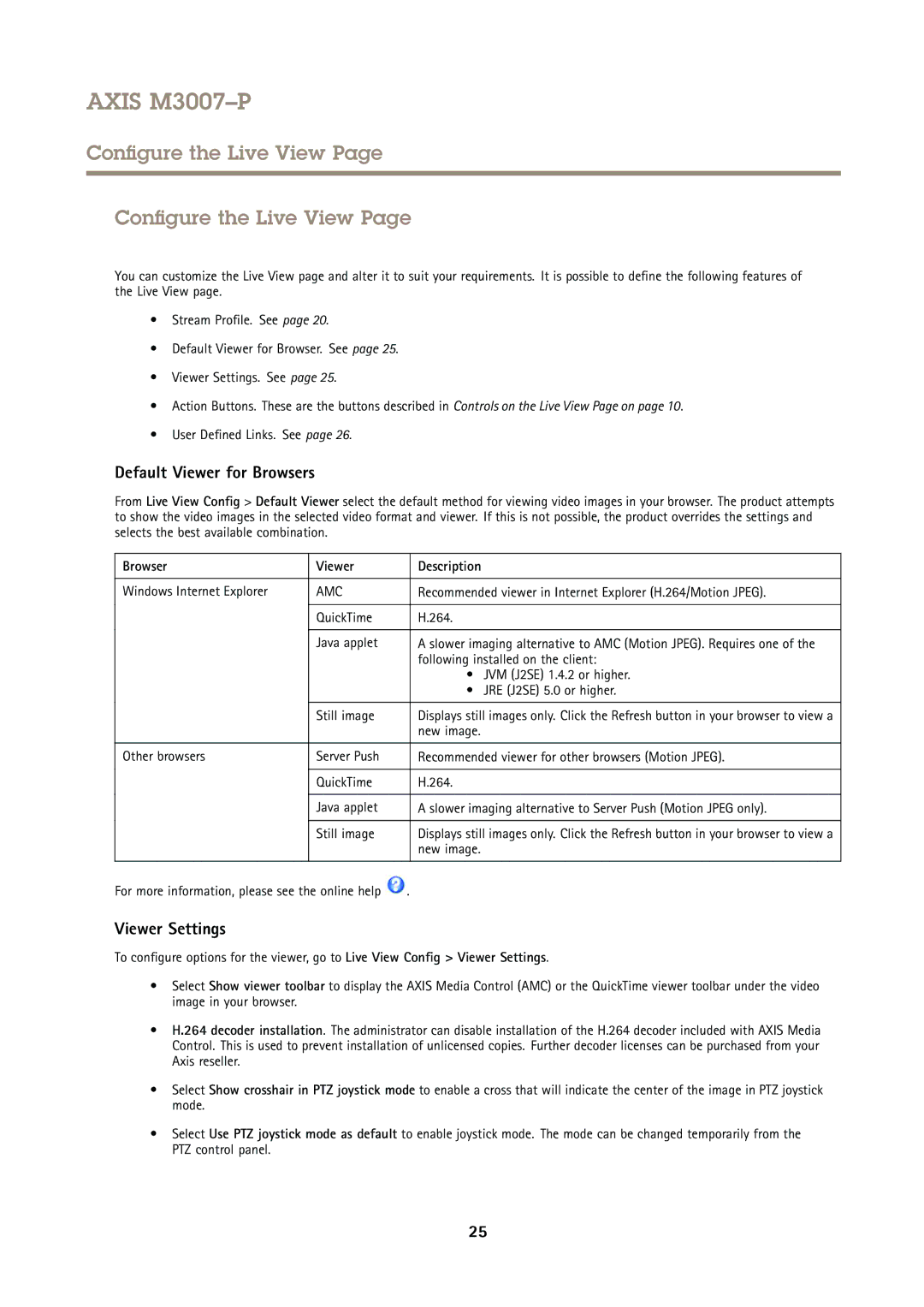 Axis Communications M3007P user manual Configure the Live View, Default Viewer for Browsers, Viewer Settings 