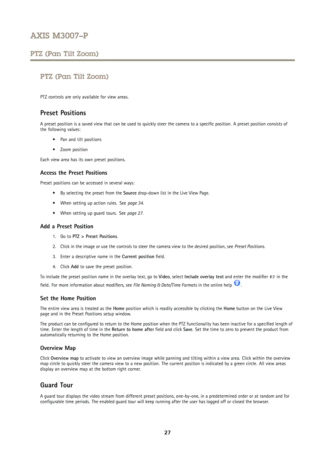 Axis Communications M3007P user manual PTZ Pan Tilt Zoom, Preset Positions, Guard Tour 