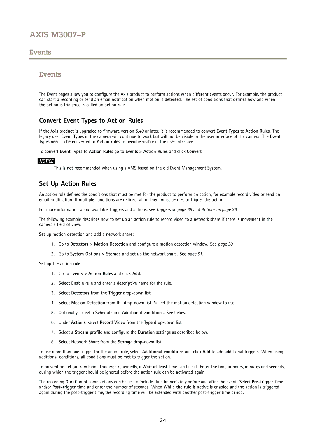 Axis Communications M3007P user manual Events, Convert Event Types to Action Rules, Set Up Action Rules 