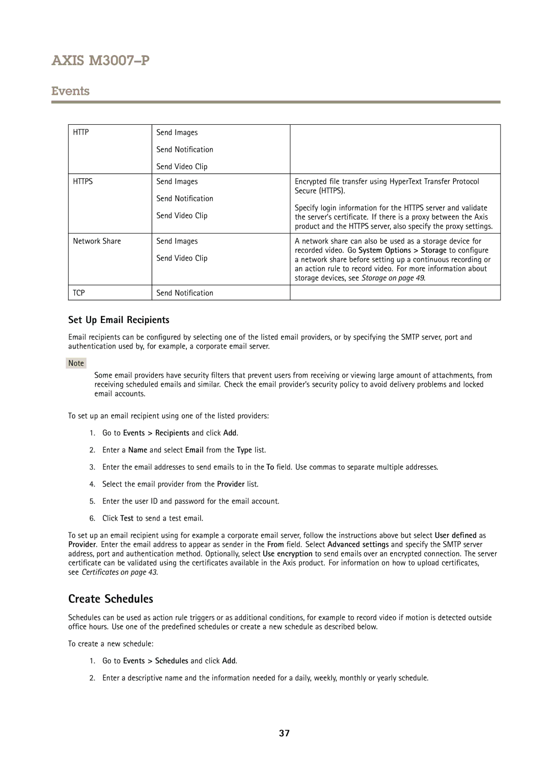 Axis Communications M3007P user manual Create Schedules, Set Up Email Recipients, Go to Events Schedules and click Add 