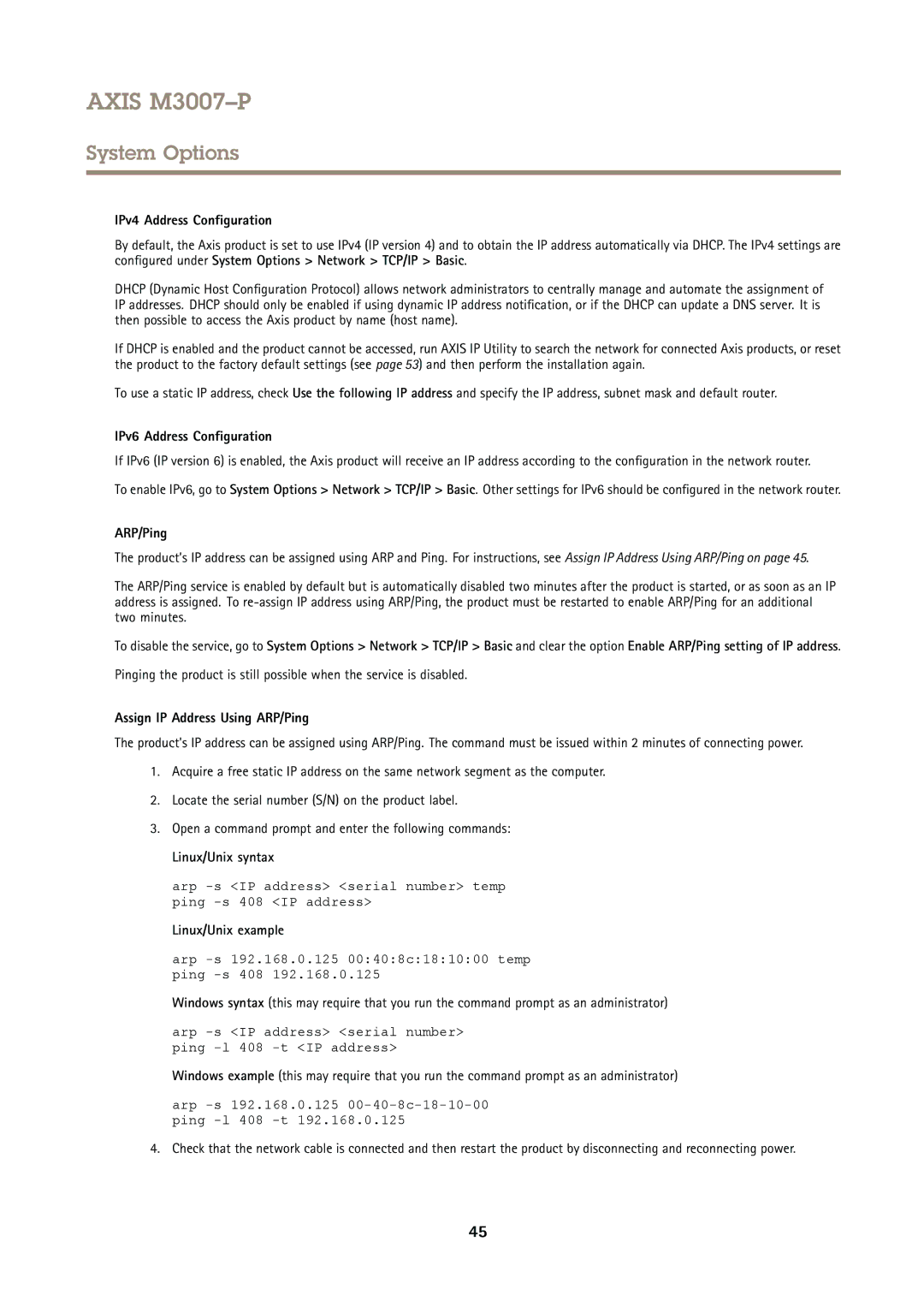 Axis Communications M3007P user manual IPv4 Address Configuration, IPv6 Address Configuration, ARP/Ping, Linux/Unix syntax 