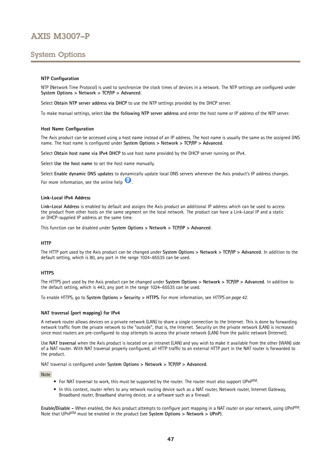 Axis Communications M3007P user manual NTP Configuration, Host Name Configuration, Link-Local IPv4 Address 