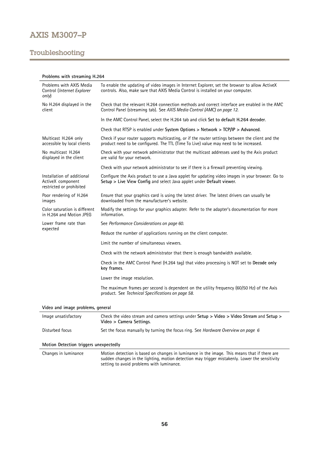 Axis Communications M3007P user manual Problems with streaming H.264, Key frames, Video and image problems, general 