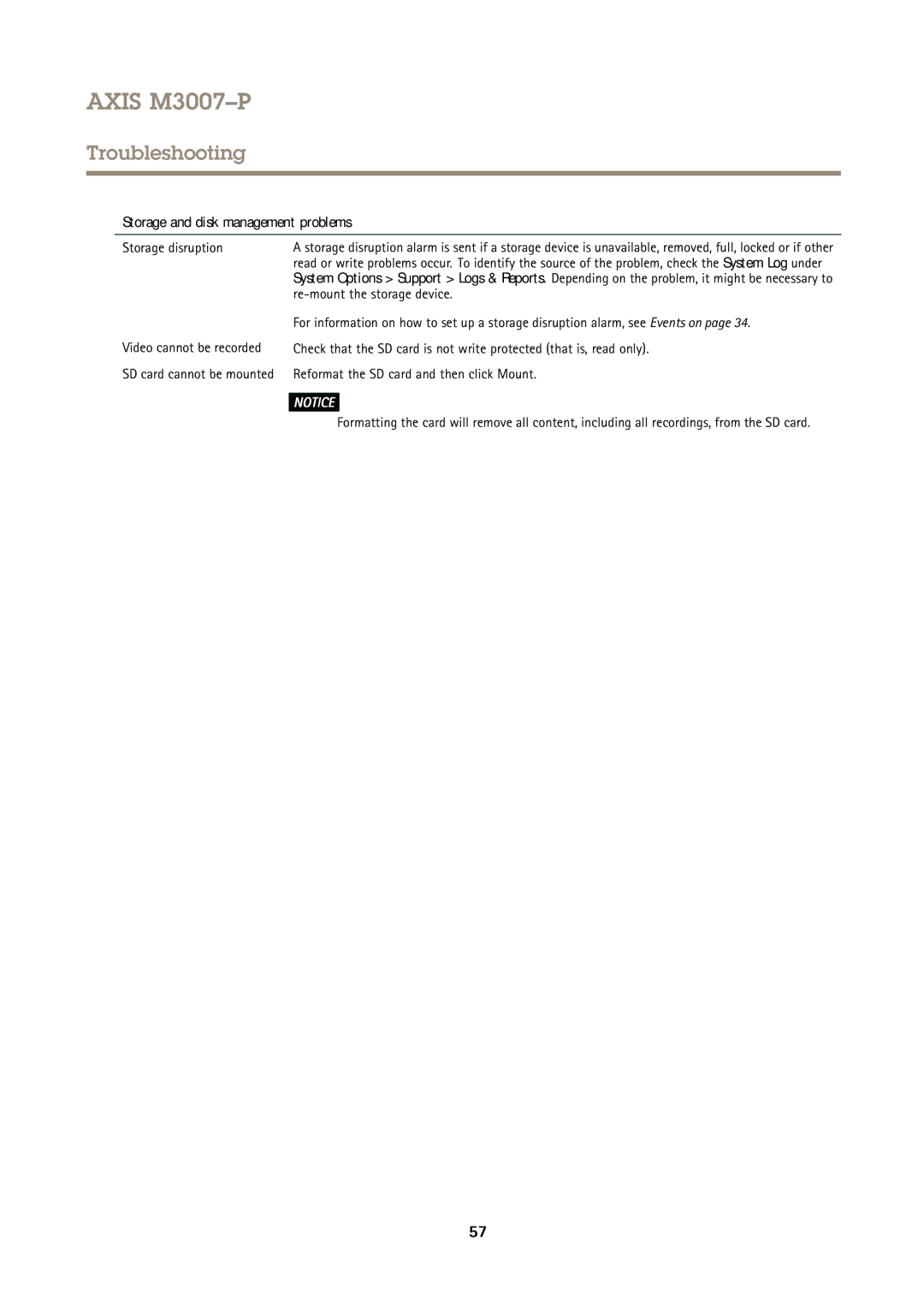 Axis Communications M3007P Storage and disk management problems, Storage disruption, Re-mount the storage device 