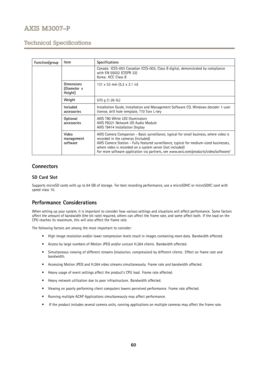 Axis Communications M3007P user manual Connectors, Performance Considerations 