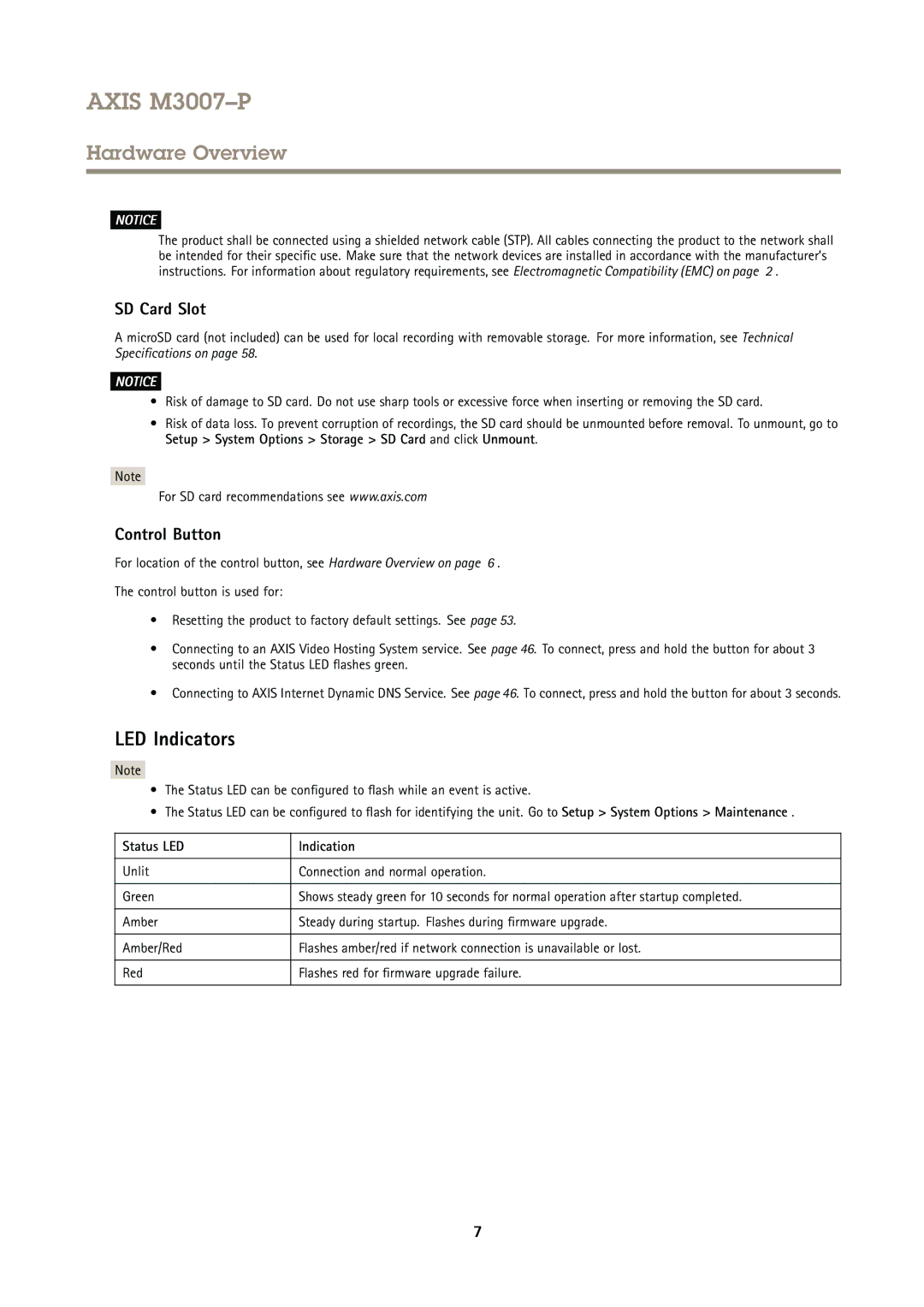 Axis Communications M3007P user manual LED Indicators, SD Card Slot, Control Button, Status LED Indication 