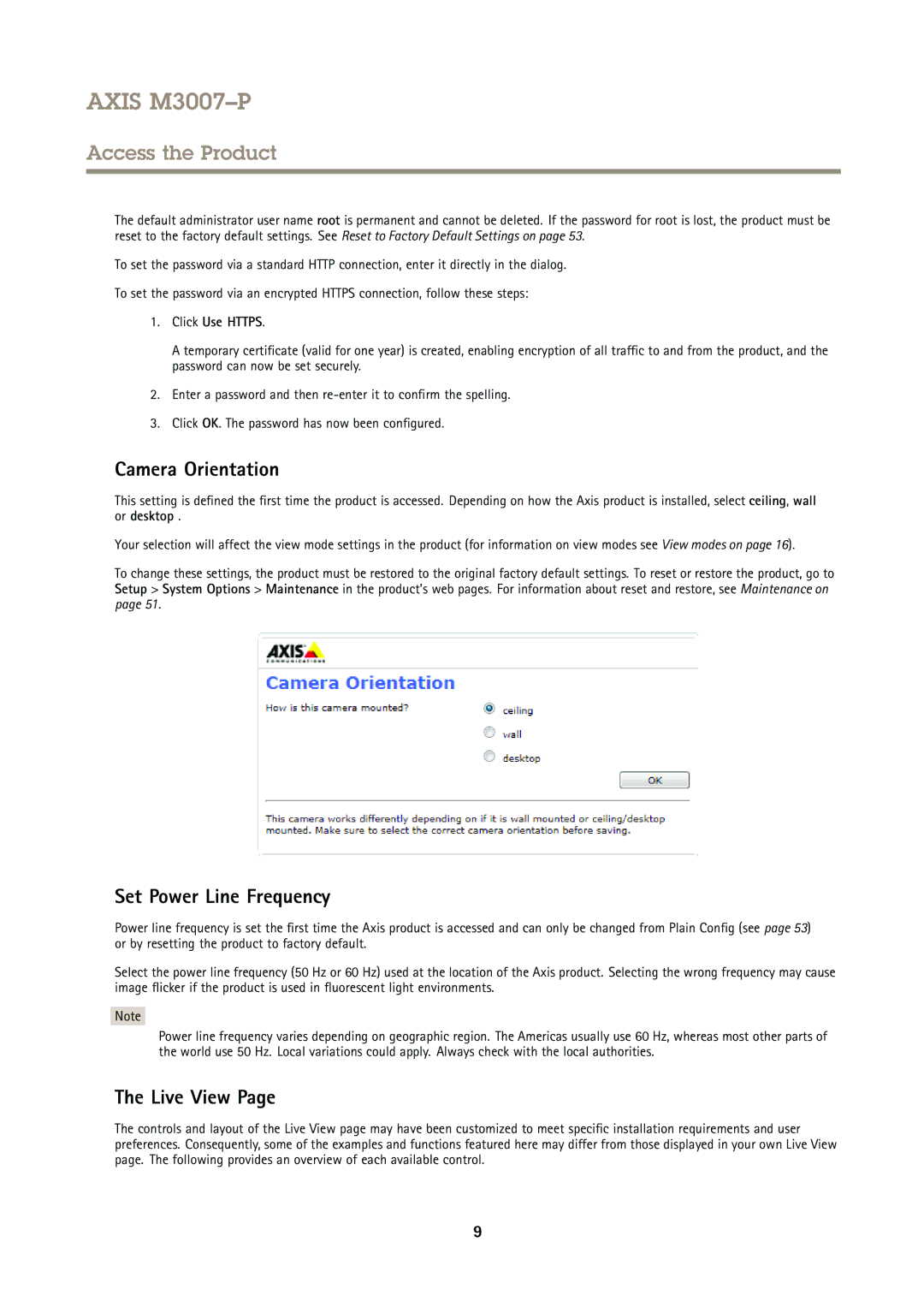 Axis Communications M3007P user manual Camera Orientation, Set Power Line Frequency, Live View, Click Use Https 