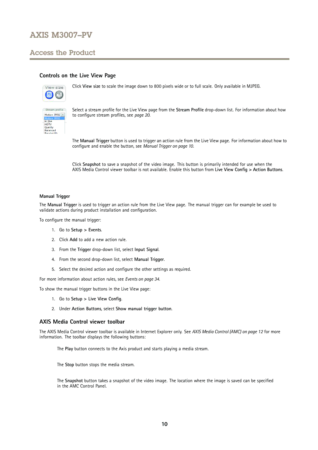 Axis Communications M3007PV user manual Controls on the Live View, Axis Media Control viewer toolbar, Manual Trigger 