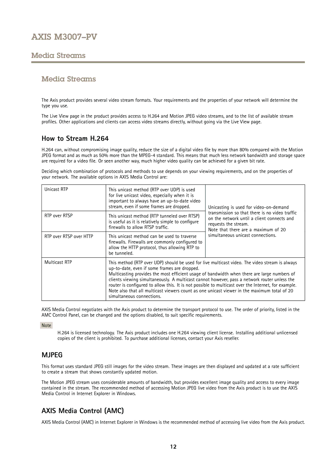 Axis Communications M3007PV user manual Media Streams, How to Stream H.264, Axis Media Control AMC 