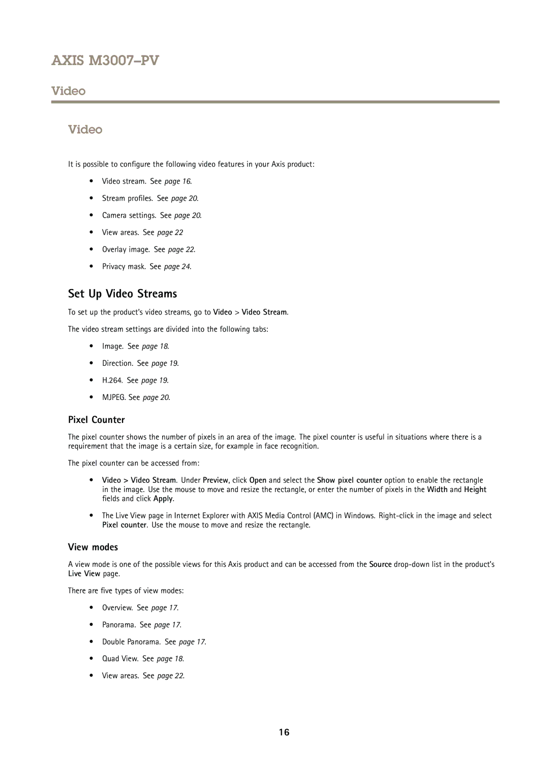 Axis Communications M3007PV user manual Set Up Video Streams, Pixel Counter, View modes 