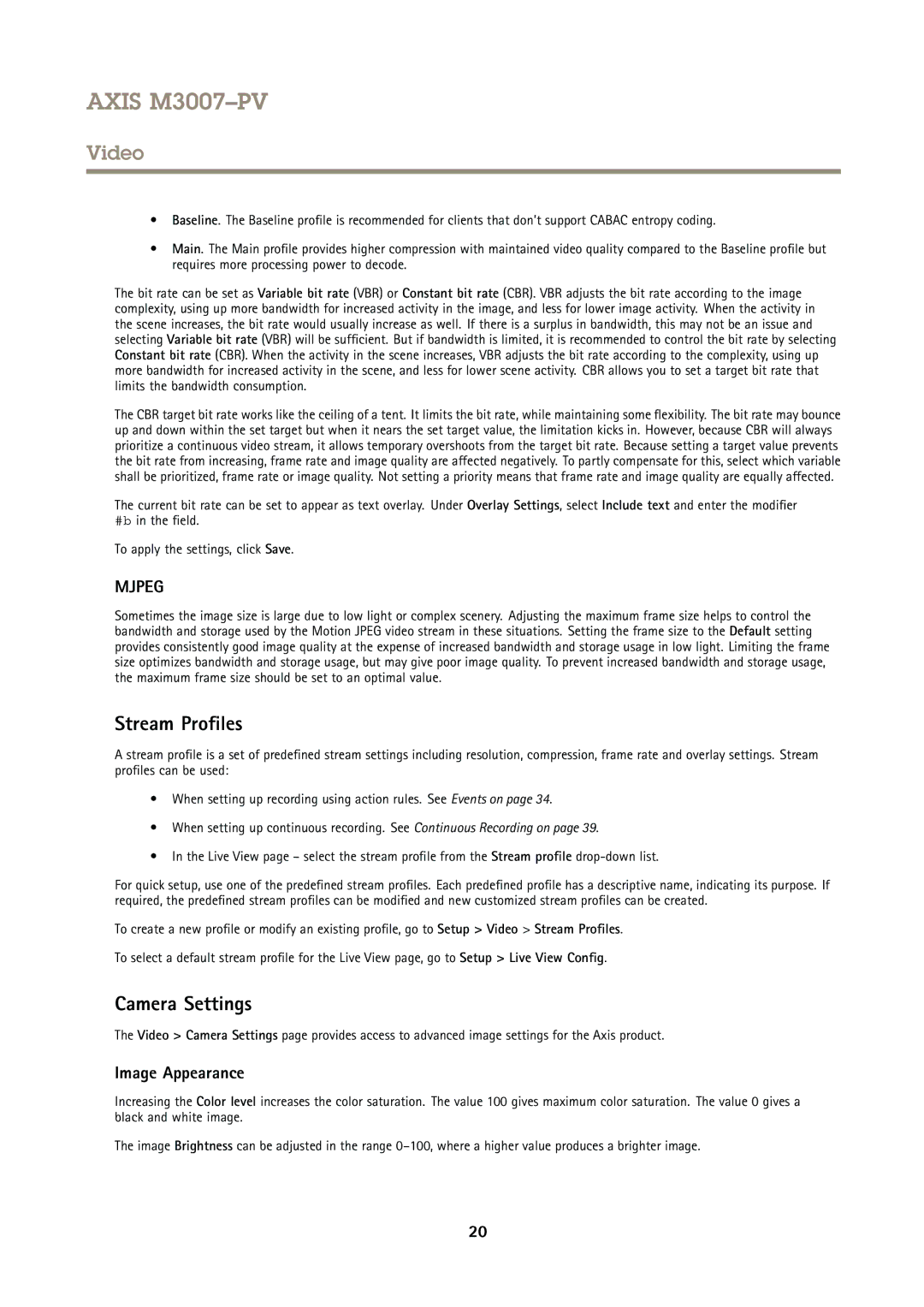 Axis Communications M3007PV user manual Stream Profiles, Camera Settings, Image Appearance 