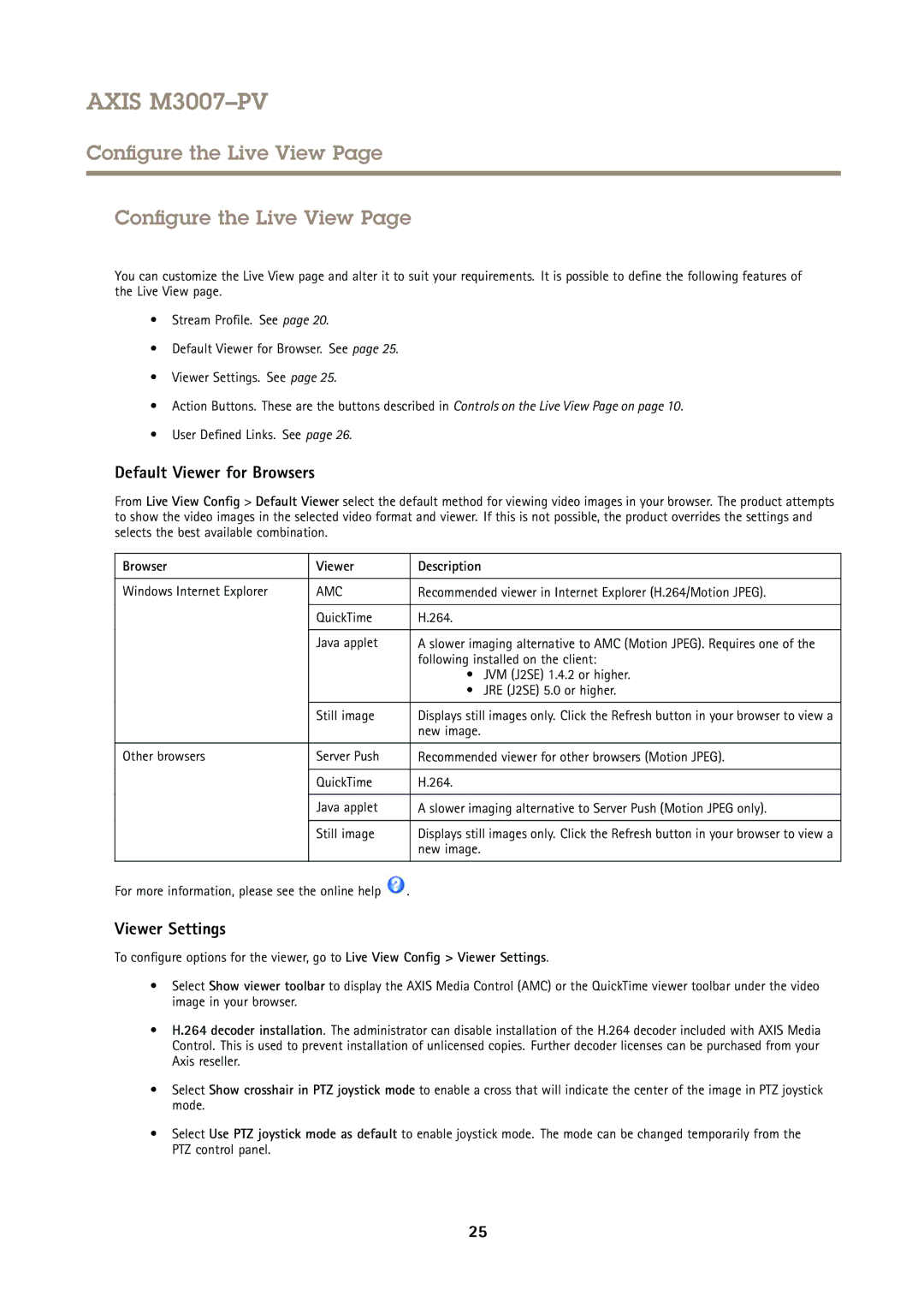 Axis Communications M3007PV user manual Configure the Live View, Default Viewer for Browsers, Viewer Settings 