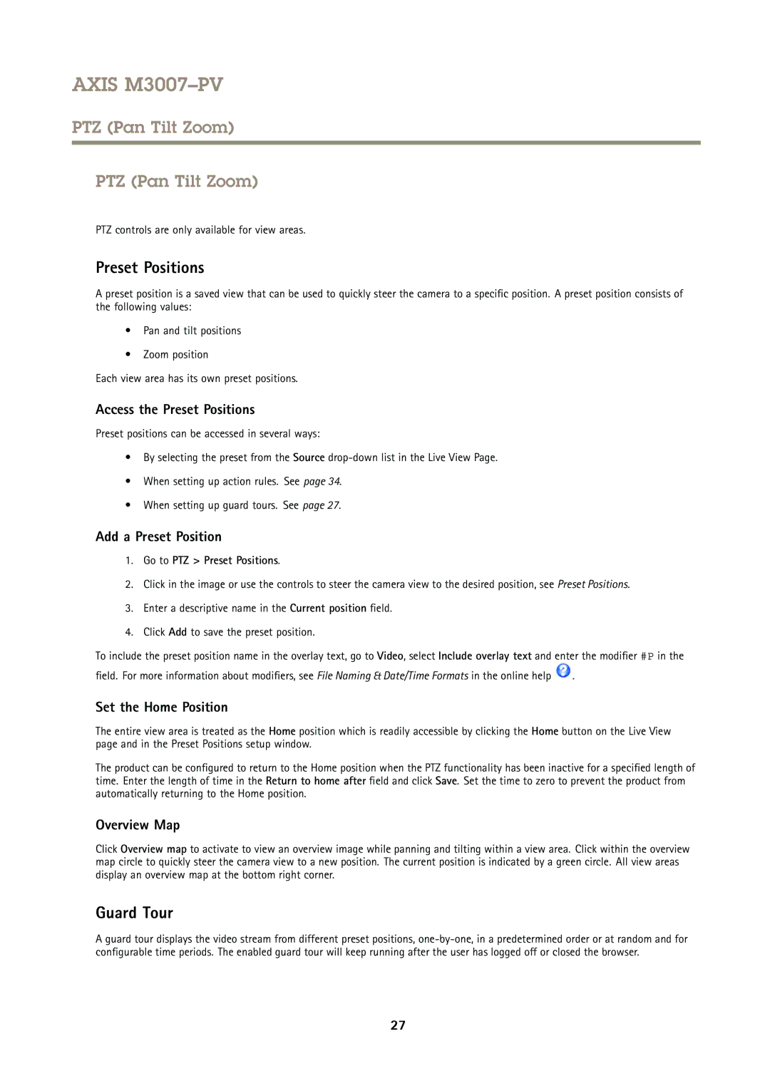 Axis Communications M3007PV user manual PTZ Pan Tilt Zoom, Preset Positions, Guard Tour 