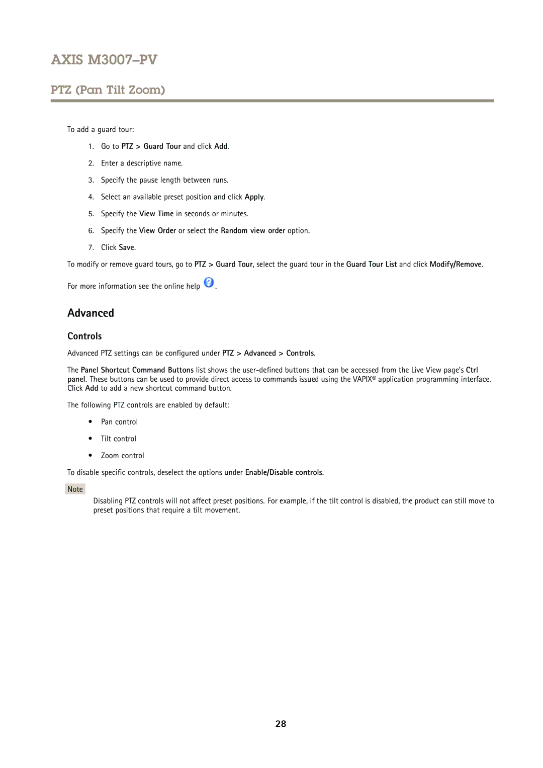 Axis Communications M3007PV user manual Advanced, Controls, To add a guard tour, Go to PTZ Guard Tour and click Add 
