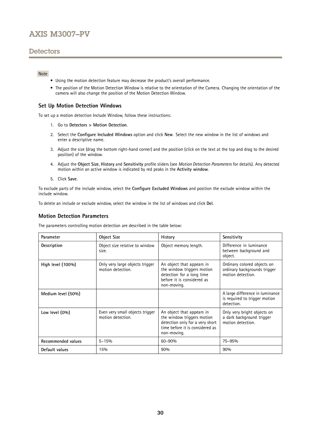 Axis Communications M3007PV user manual Set Up Motion Detection Windows, Motion Detection Parameters 