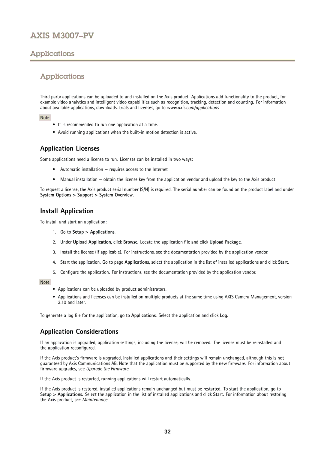 Axis Communications M3007PV user manual Applications, Application Licenses, Install Application, Application Considerations 