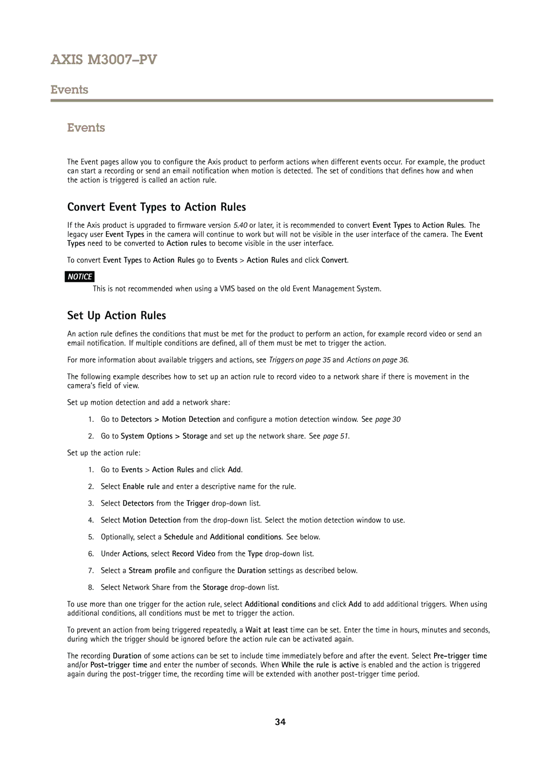 Axis Communications M3007PV user manual Events, Convert Event Types to Action Rules, Set Up Action Rules 