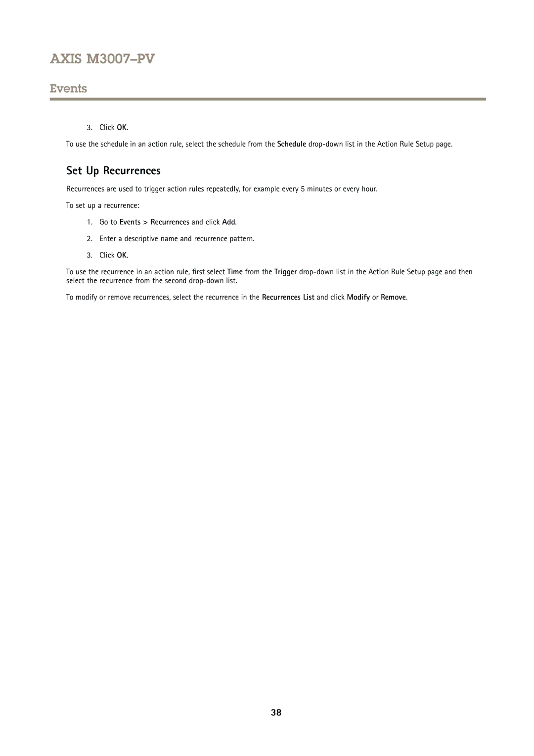 Axis Communications M3007PV user manual Set Up Recurrences, Go to Events Recurrences and click Add 