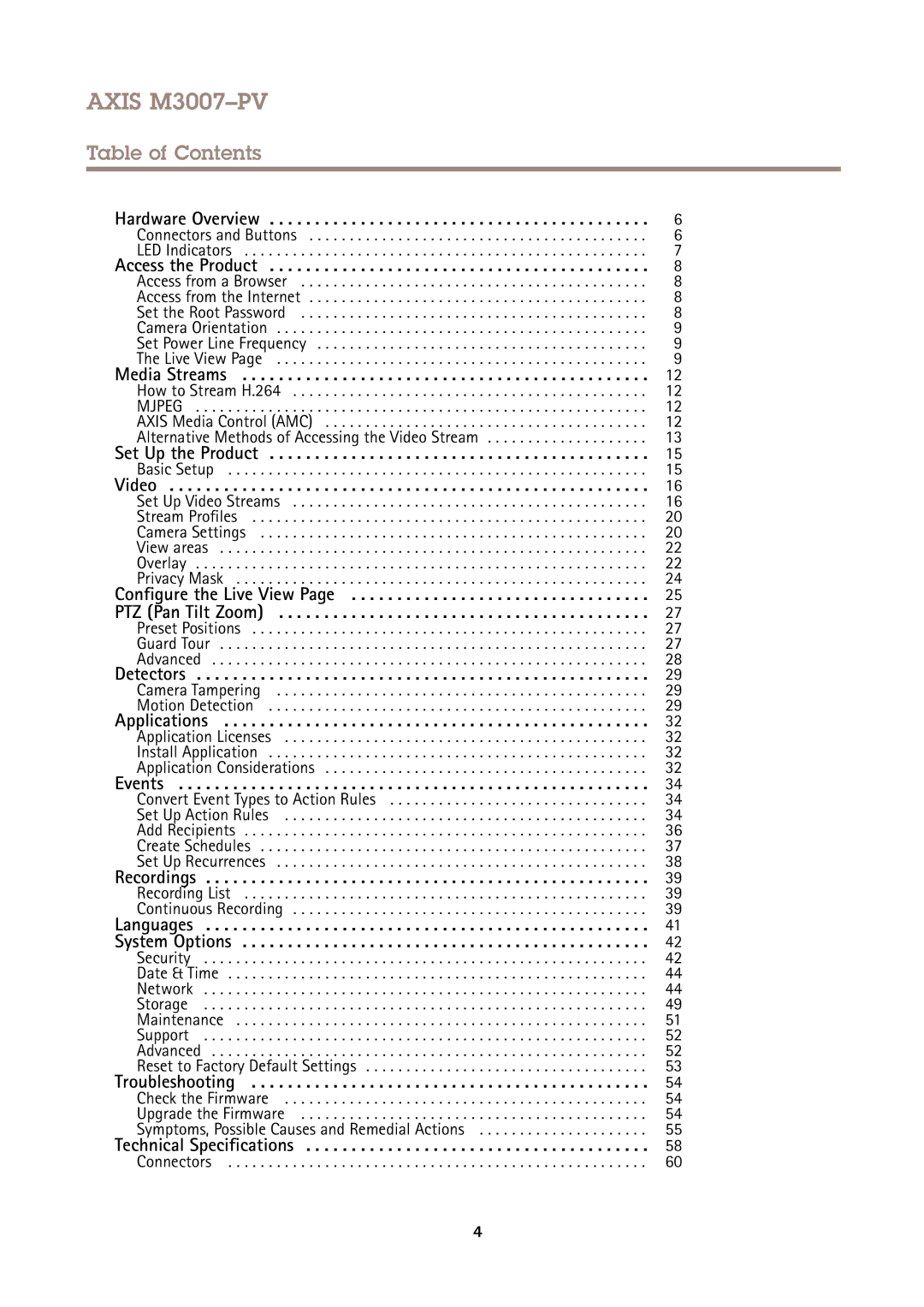 Axis Communications M3007PV user manual Axis M3007-PV, Table of Contents 