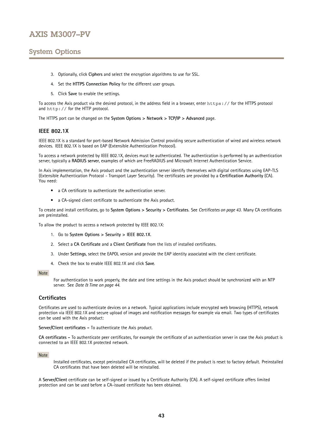 Axis Communications M3007PV user manual Certificates, Go to System Options Security Ieee 