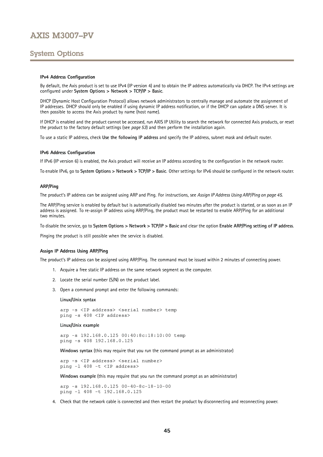 Axis Communications M3007PV user manual IPv4 Address Configuration, IPv6 Address Configuration, ARP/Ping, Linux/Unix syntax 