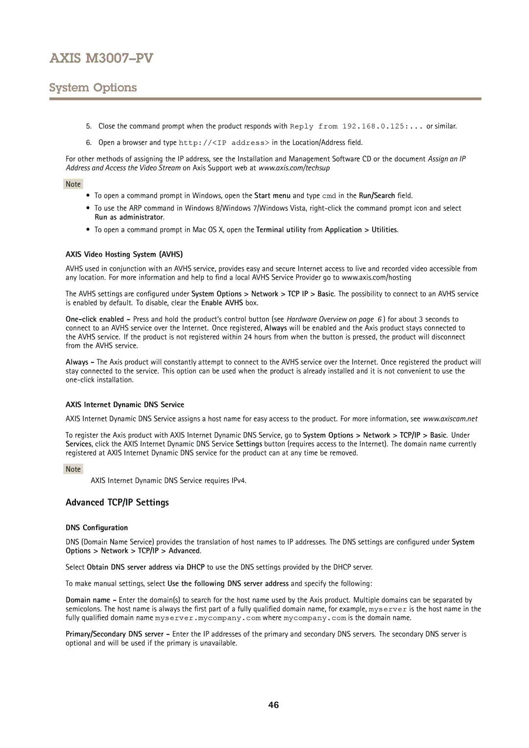 Axis Communications M3007PV Advanced TCP/IP Settings, Axis Video Hosting System Avhs, Axis Internet Dynamic DNS Service 