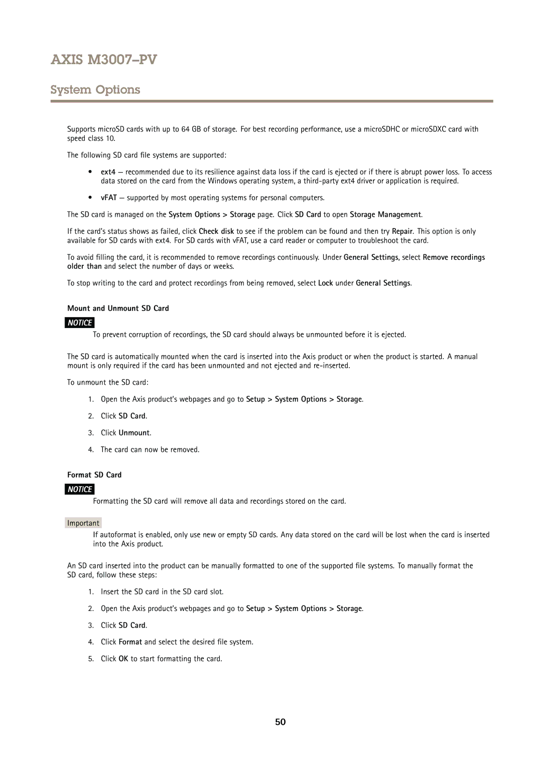 Axis Communications M3007PV user manual Mount and Unmount SD Card, Format SD Card 