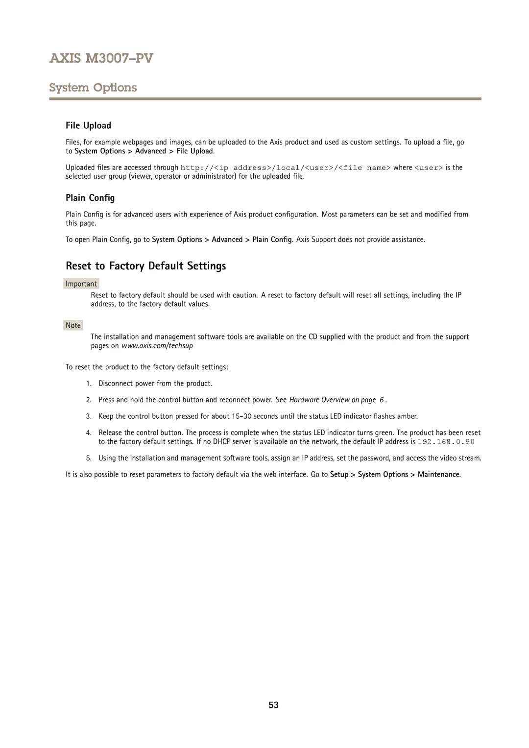 Axis Communications M3007PV user manual Reset to Factory Default Settings, File Upload, Plain Config 