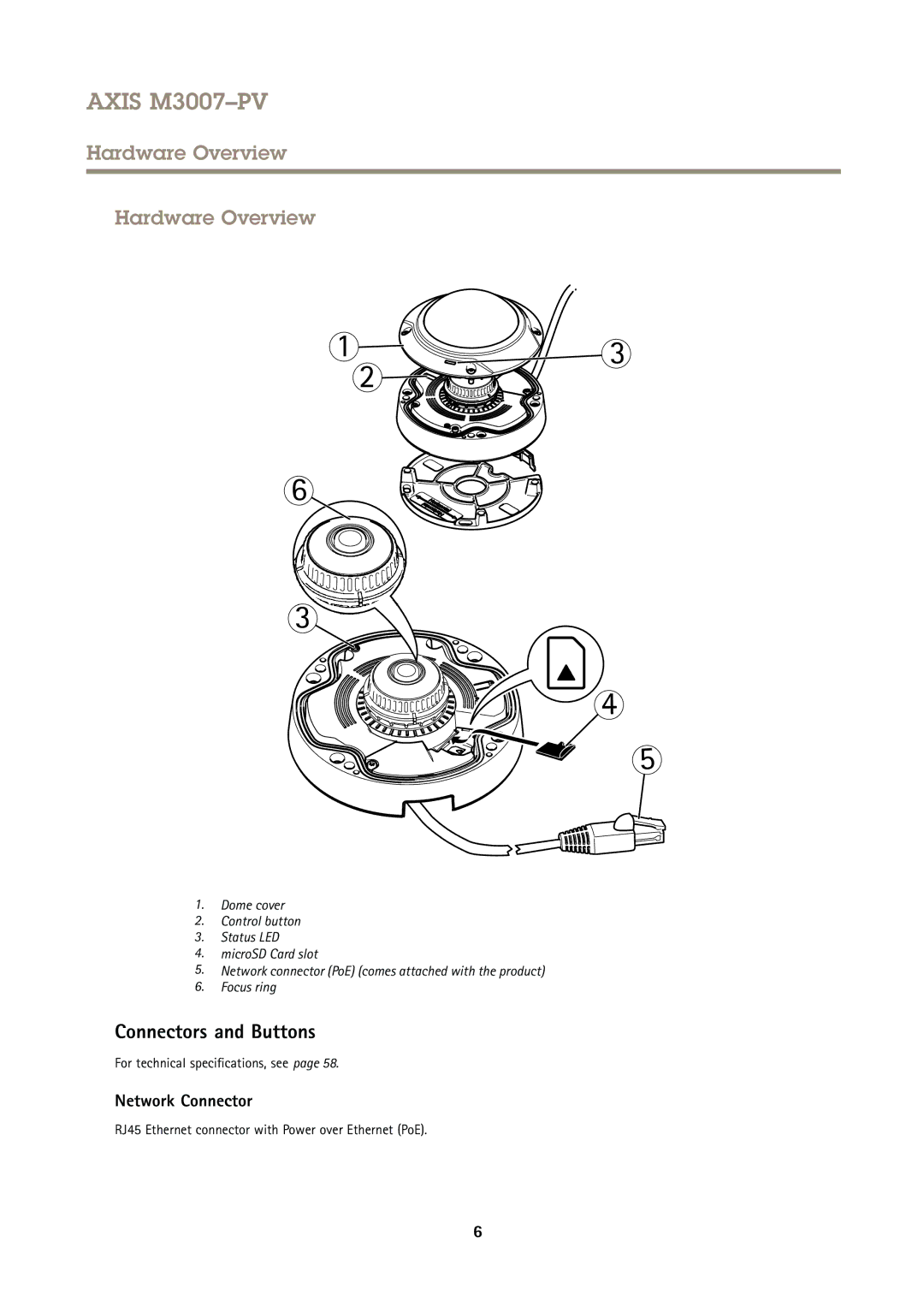 Axis Communications M3007PV user manual Hardware Overview, Connectors and Buttons, Network Connector 