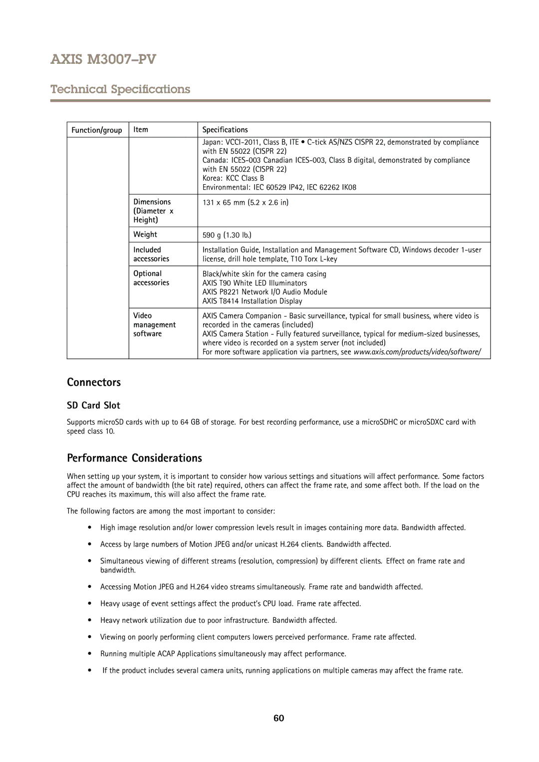 Axis Communications M3007PV user manual Connectors, Performance Considerations 