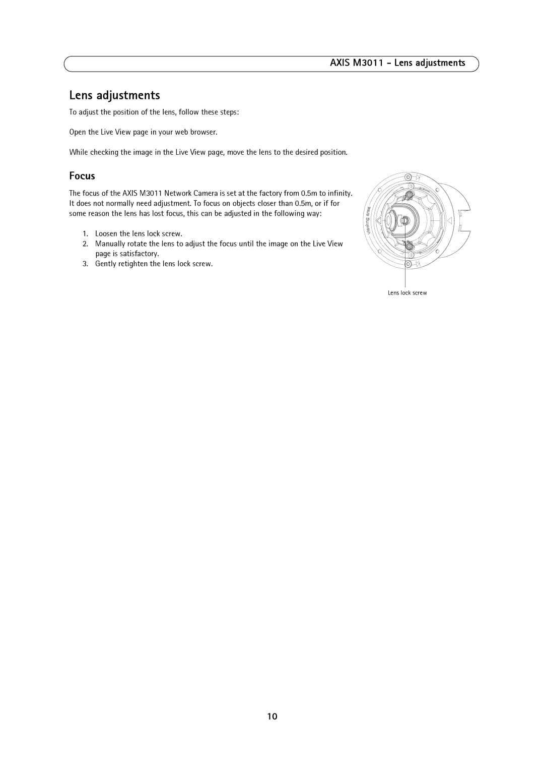 Axis Communications user manual Focus, Axis M3011 Lens adjustments 