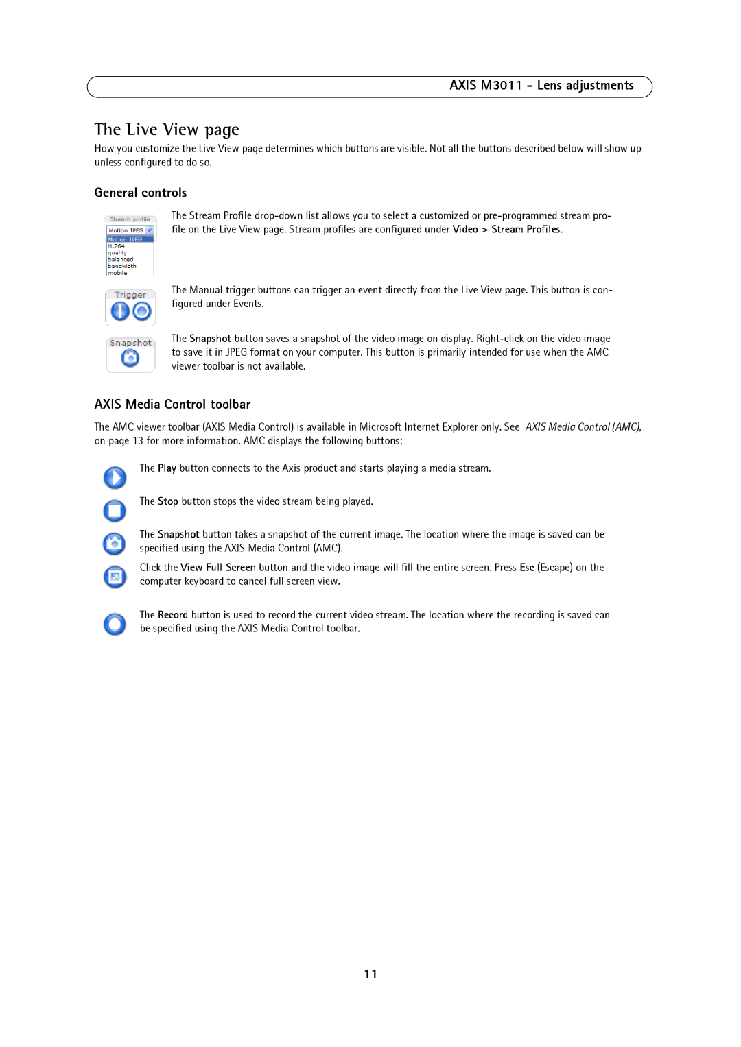 Axis Communications M3011 user manual Live View, General controls, Axis Media Control toolbar 