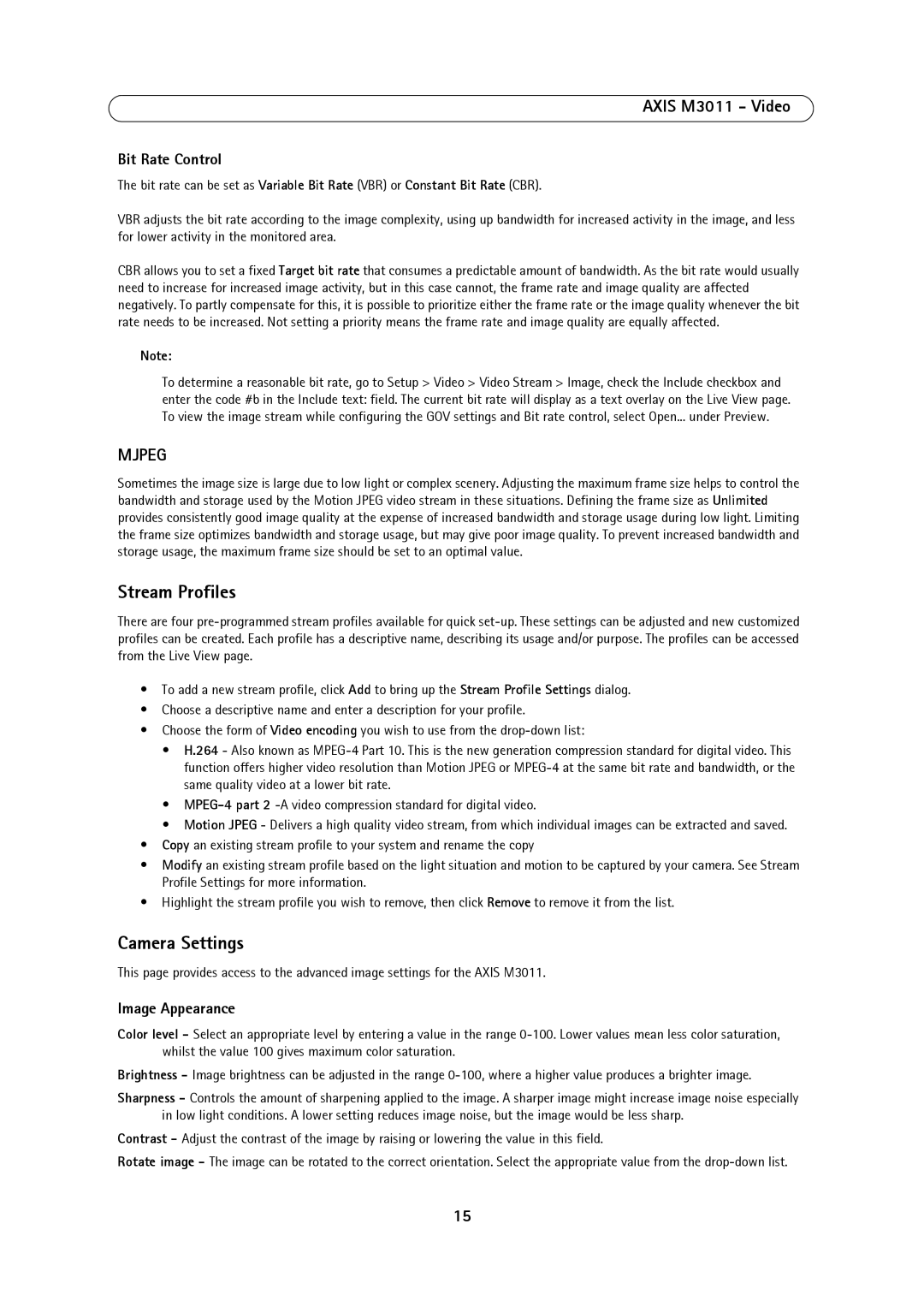 Axis Communications M3011 user manual Stream Profiles, Camera Settings 