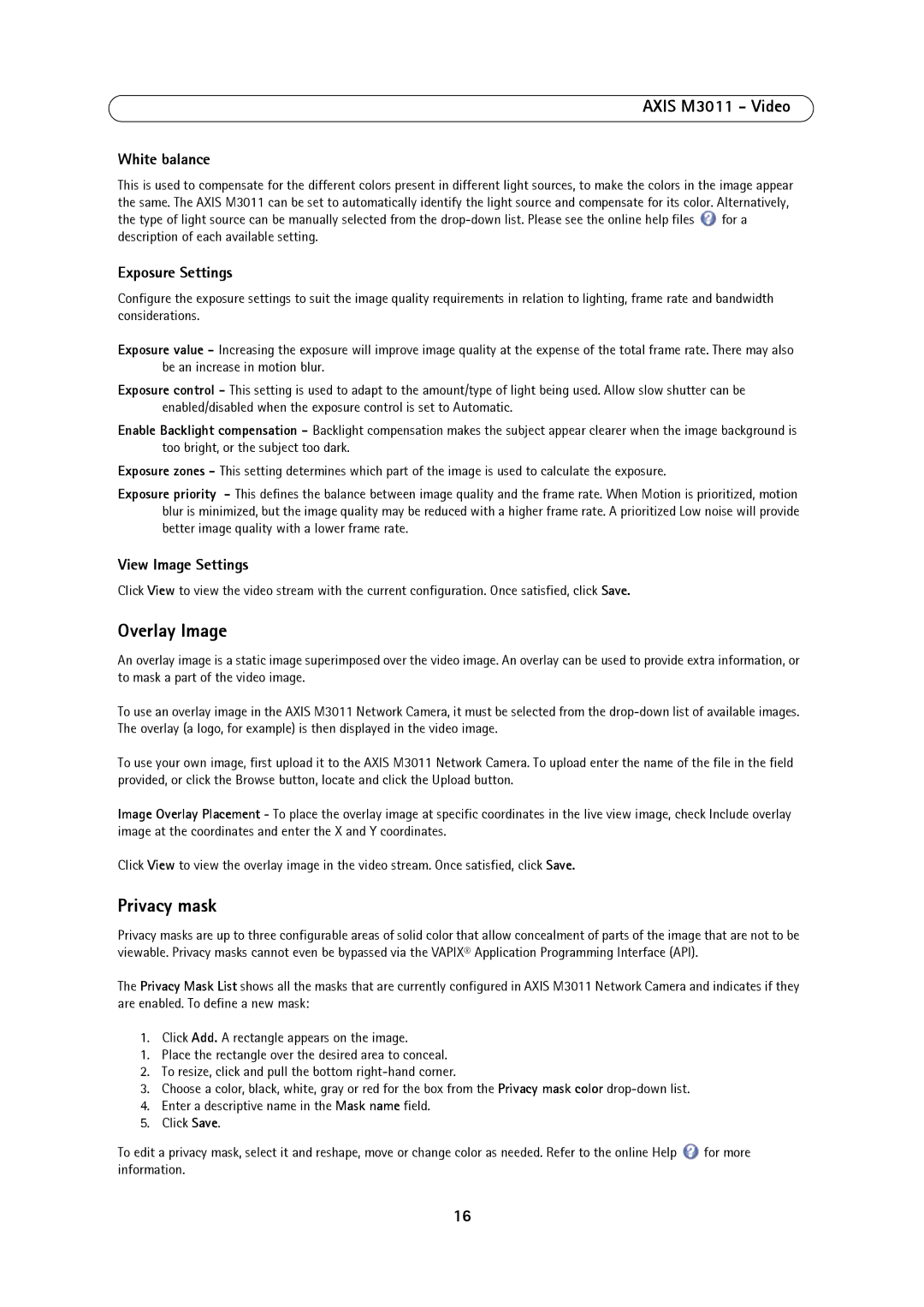 Axis Communications M3011 user manual Overlay Image, Privacy mask 