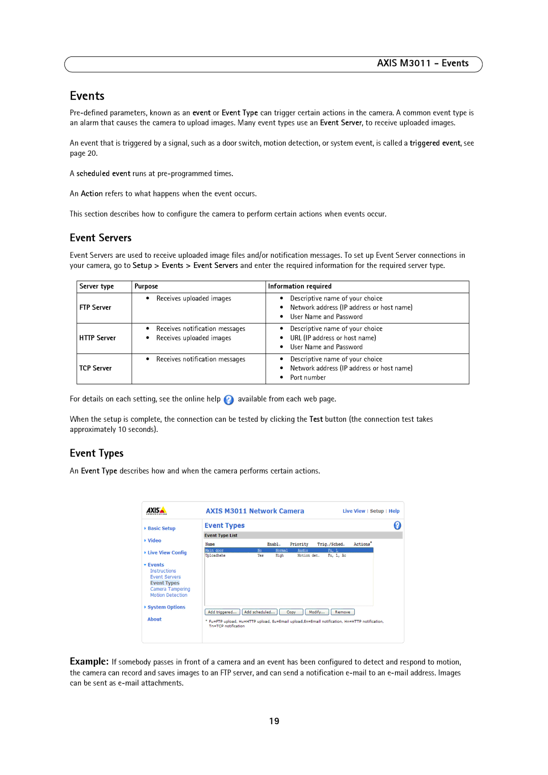 Axis Communications user manual Event Servers, Event Types, Axis M3011 Events 