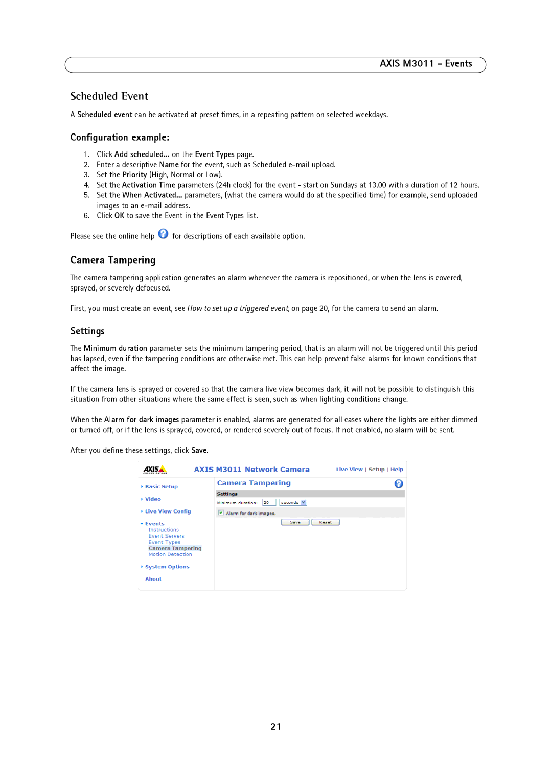 Axis Communications M3011 user manual Scheduled Event, Camera Tampering, Configuration example, Settings 