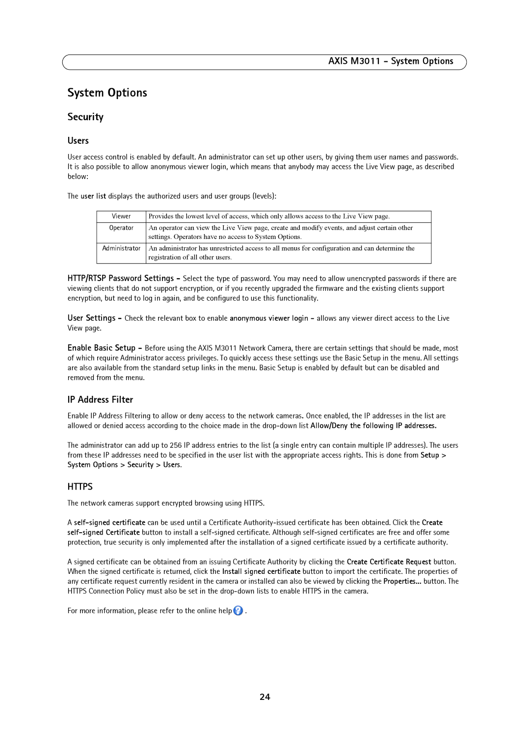 Axis Communications user manual Security, Axis M3011 System Options, Users, IP Address Filter 