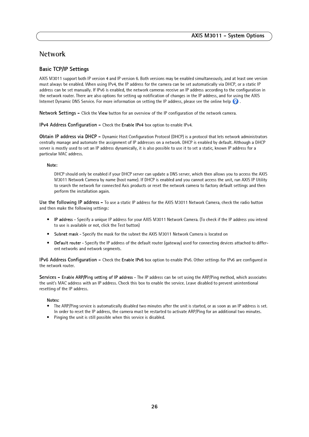 Axis Communications M3011 user manual Network, Basic TCP/IP Settings 